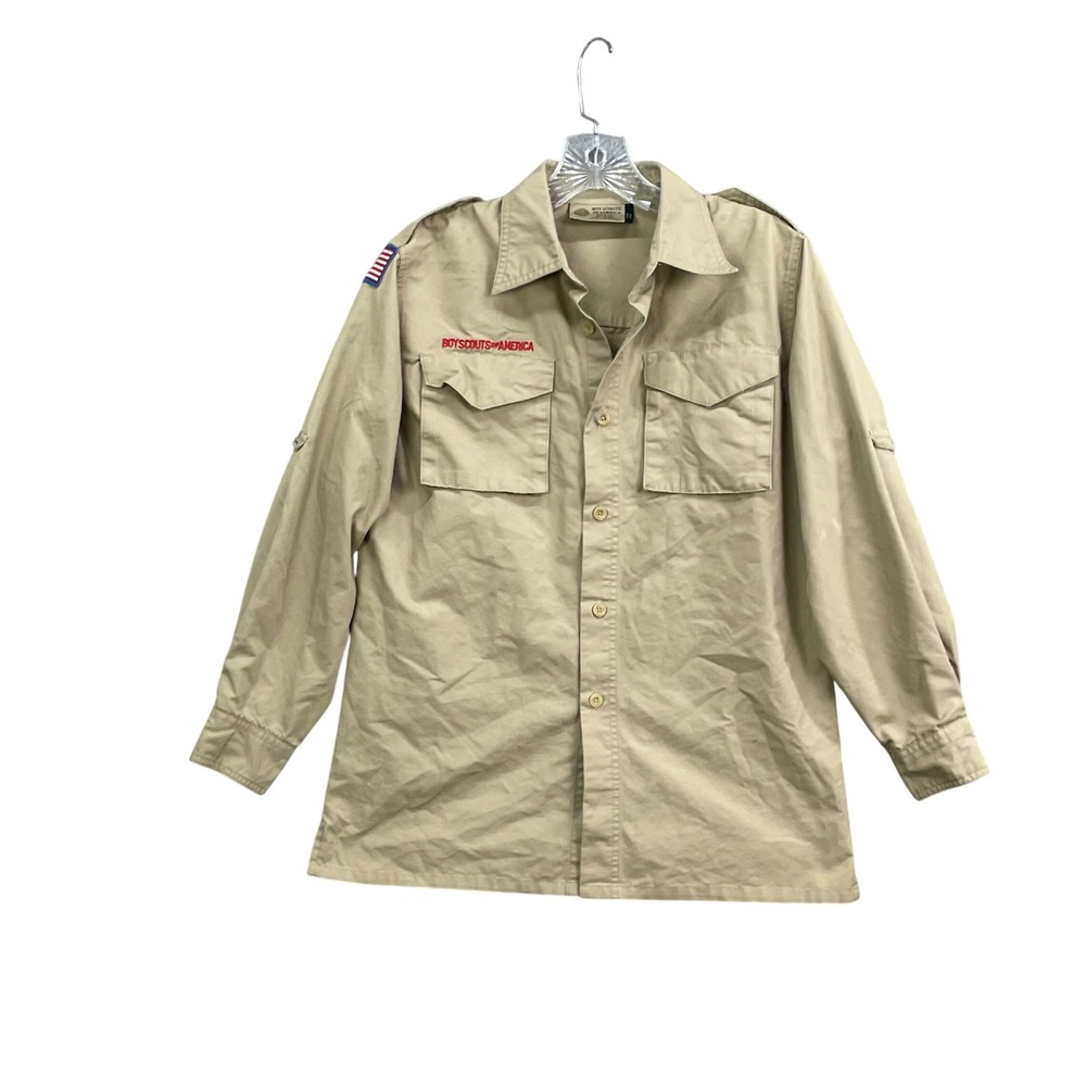 Boy Scouts of America Uniform Shirt Youth Large Tan Camping Hiking Outddor Patch